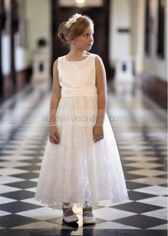 Ivory Taffeta Lace V Back Flower Girl Dress